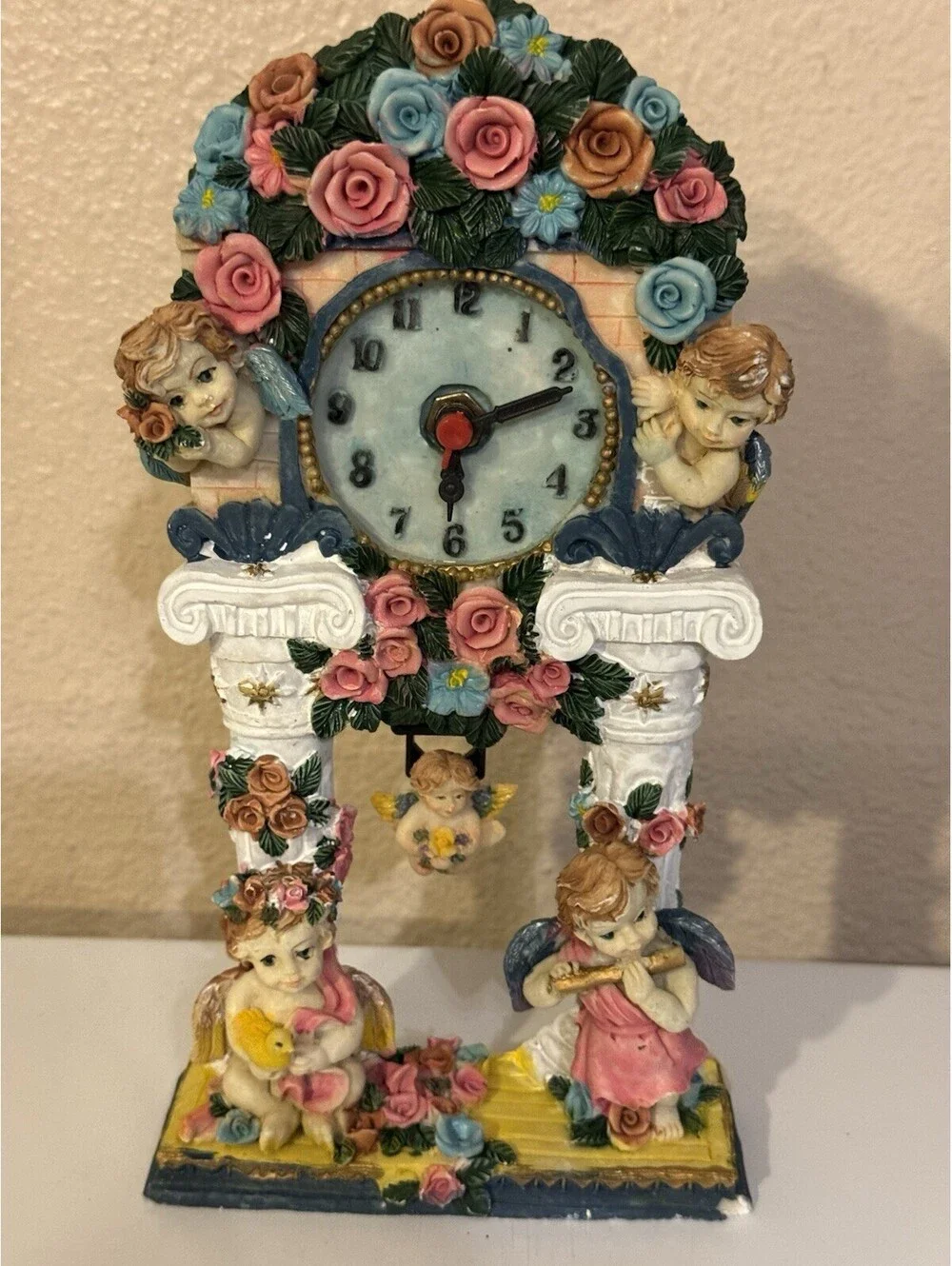 Vintage Cherub Angel Pendulum Clock Roses Floral Resin 9” Mantel AS IS Repair